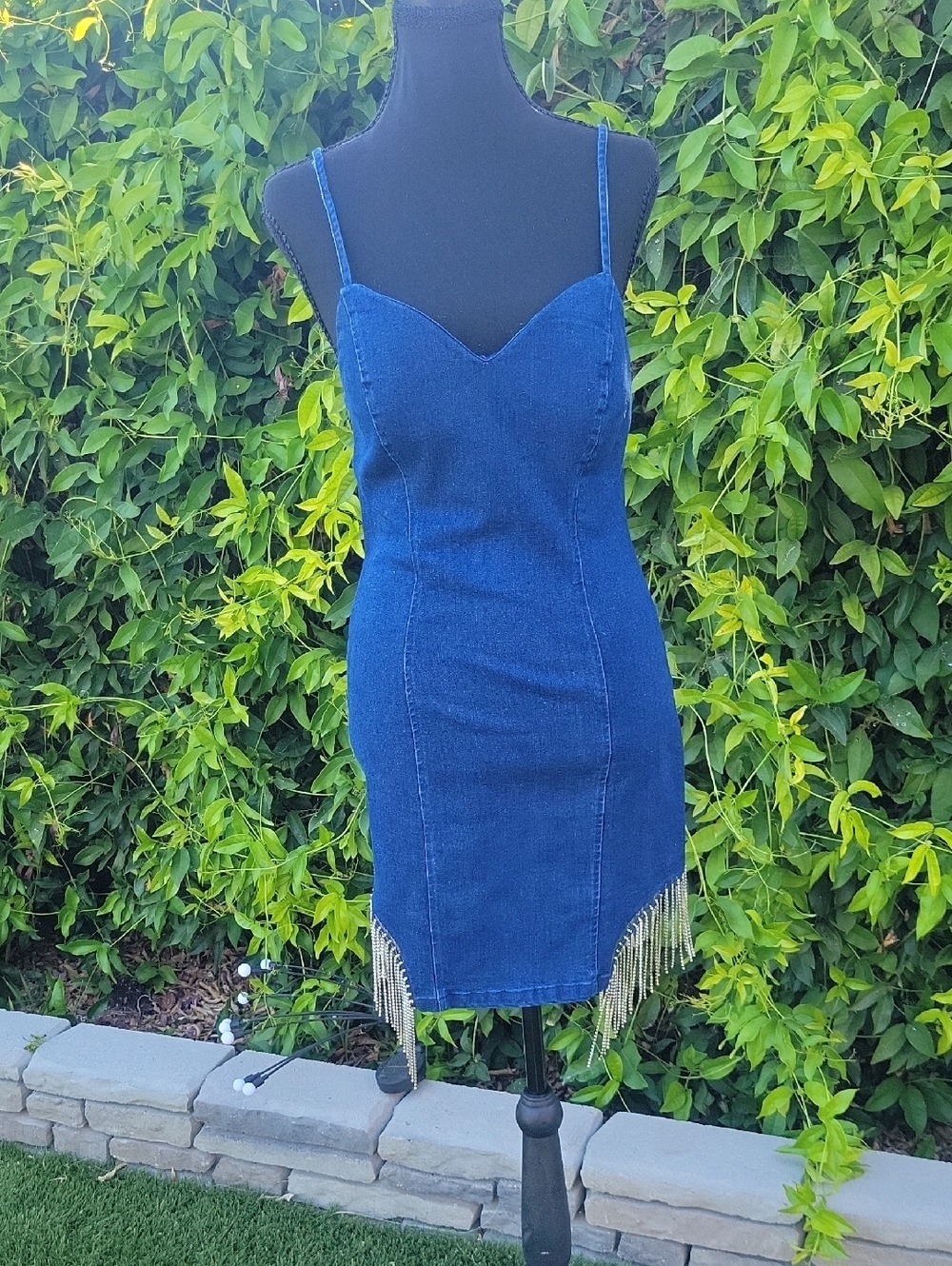 Coastal Cowgirl Blue Denim Spaghetti-Strap Mini Dress with Rhinestone Fringe M